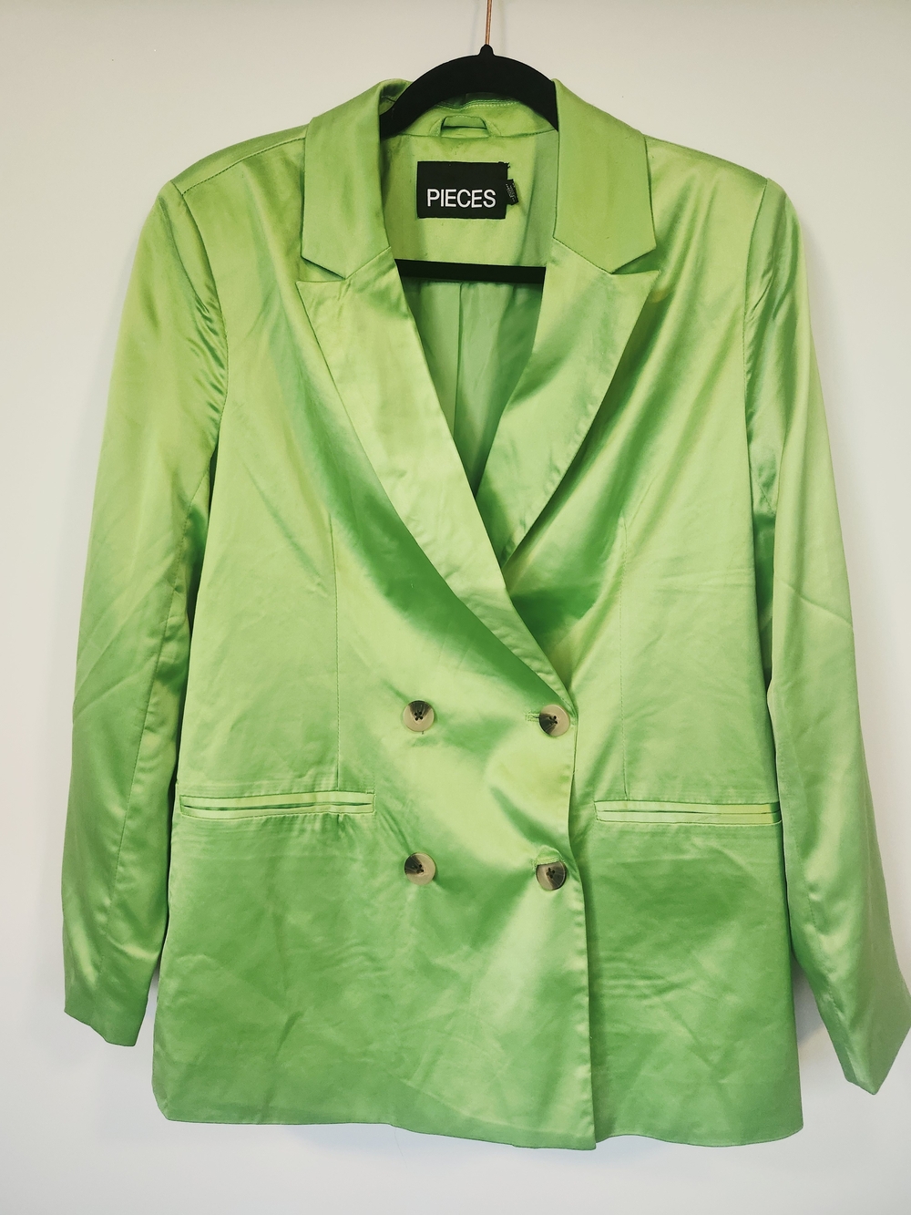 PIECES Lime Green Double-Breasted Satin Blazer Size SMALL